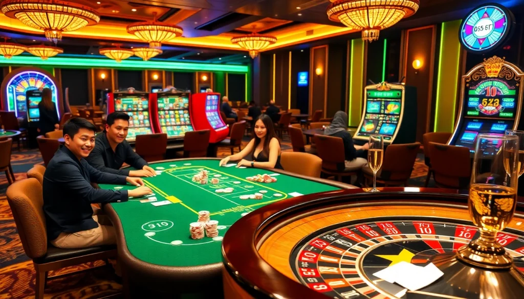 Experience the excitement of i9bet casino with players enjoying poker and roulette in a vibrant atmosphere.