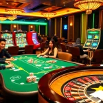 Experience the excitement of i9bet casino with players enjoying poker and roulette in a vibrant atmosphere.